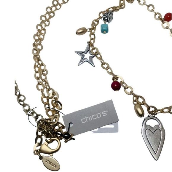 CHICO’S Multicolor Beaded Faux Pearl Long Gold Tone Charm Necklace 39in - Picture 8 of 8